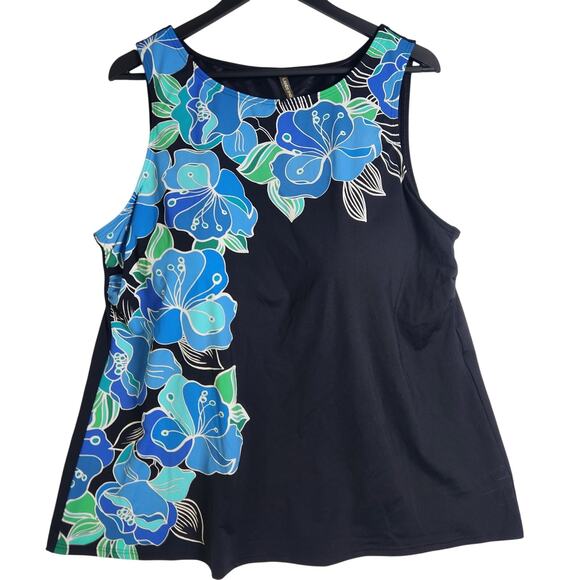 Lands End Tankini Swim Top Plus 20W Long Torso Tall Floral Black Blue Modest - Picture 1 of 14